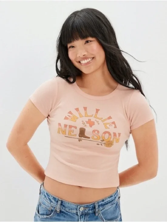 AE Band Tee Willie Nelson Pink Graphic Crop Tee XSmall - Picture 1 of 10